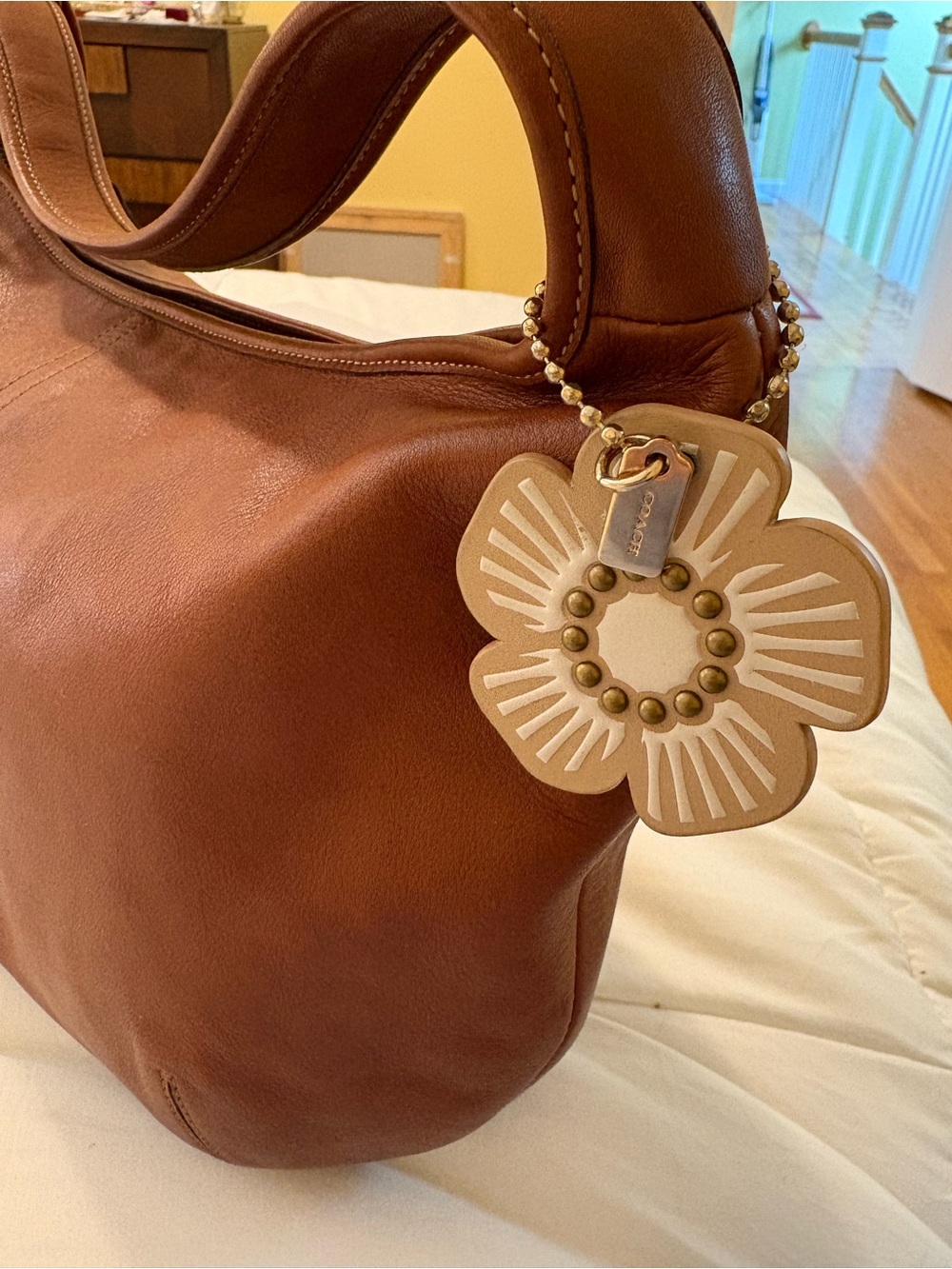 Coach Leather Flower Bag Charm Tan Ivory Studded Floral Hangtag Monogram M Bee